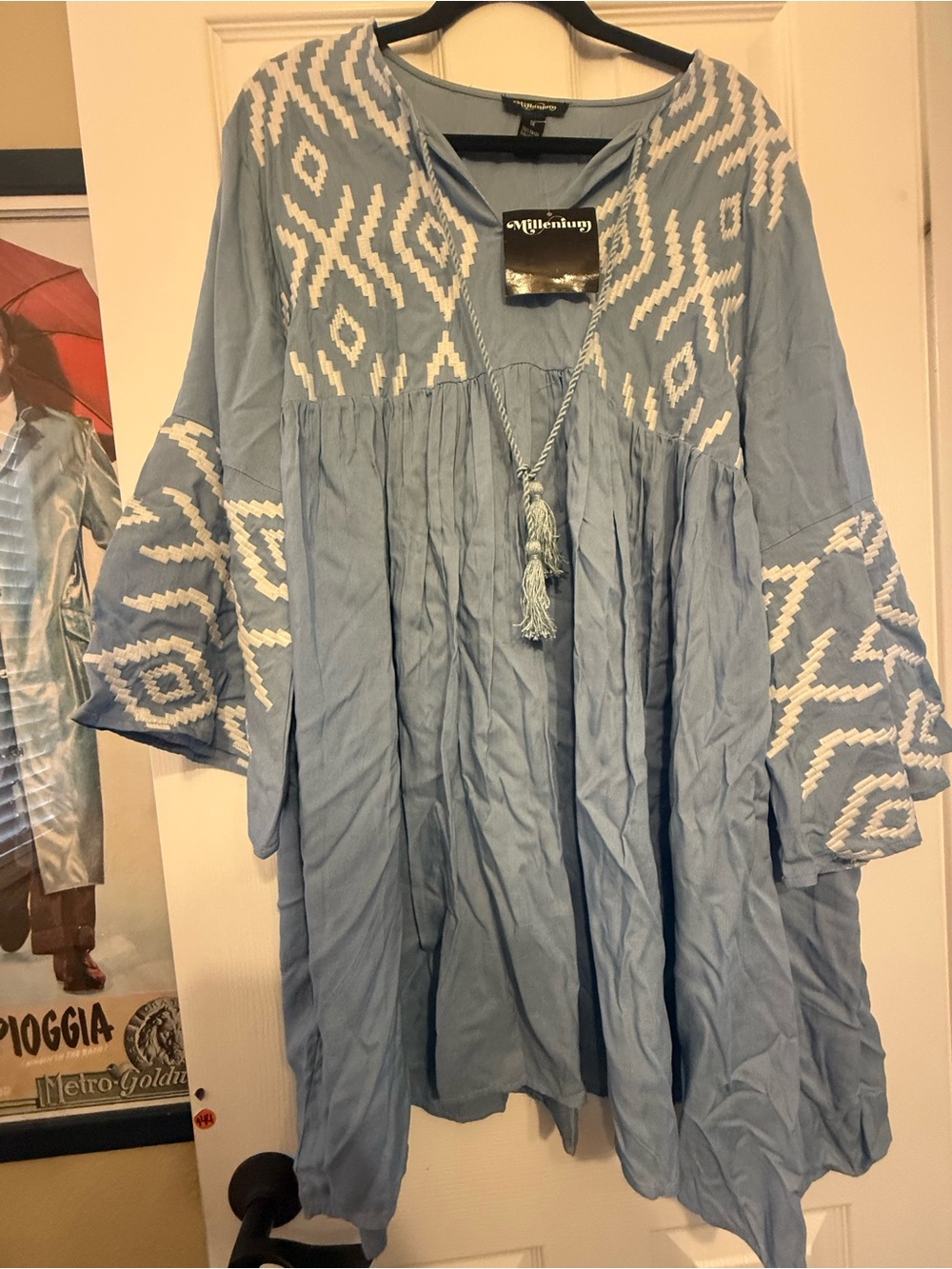 Light Blue Chambray Embroidered V-Neck Women's Tunic/Mini Dress